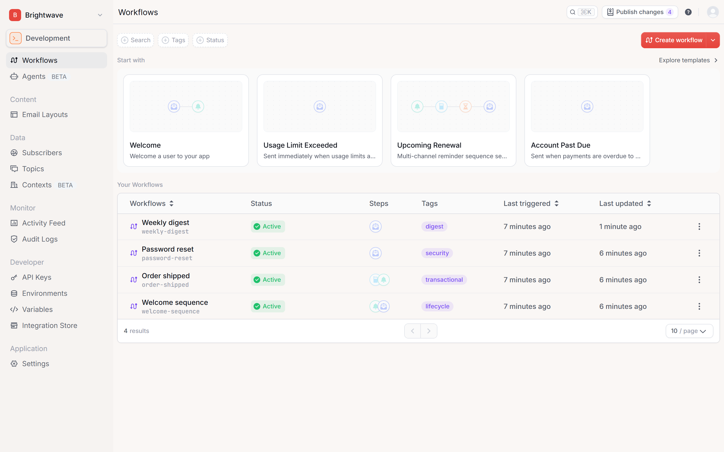 The installed Notifly app showing the workflows list with templates and status